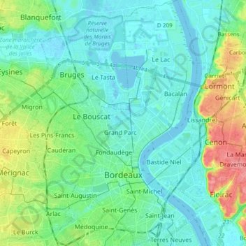 Topografisk kort Bordeaux, højde, terræn