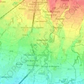 Topografisk kort Vimercate, højde, terræn