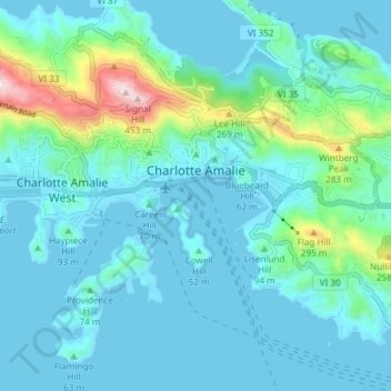 Topografisk kort Charlotte Amalie, højde, terræn