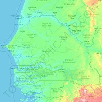 Topografisk kort Senegal, højde, terræn