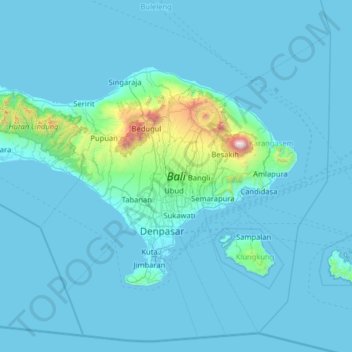 Topografisk kort Bali, højde, terræn
