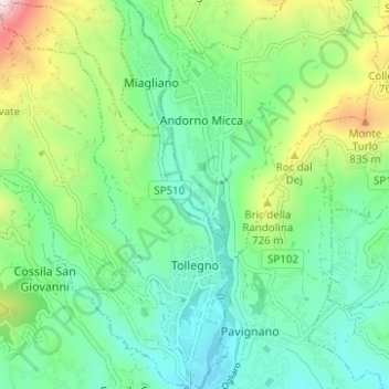 Topografisk kort Tollegno, højde, terræn
