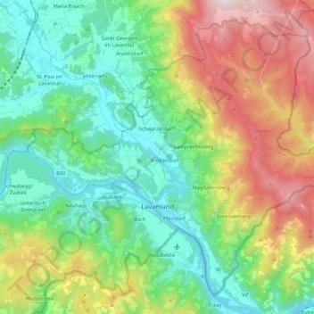 Topografisk kort Lavamünd, højde, terræn