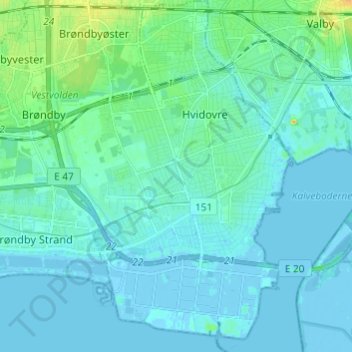 Topografisk kort Hvidovre Kommune, højde, terræn