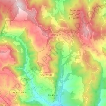 Topografisk kort Cirigliano, højde, terræn