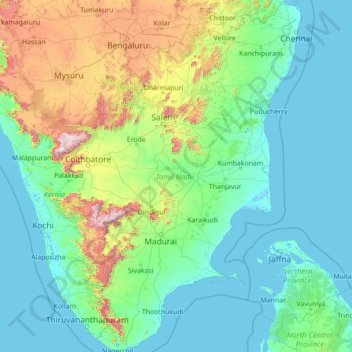 Topografisk kort Tamil Nadu, højde, terræn
