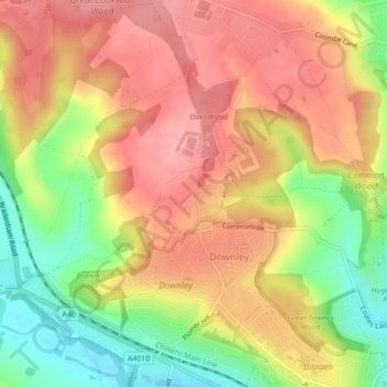 Topografisk kort Downley, højde, terræn
