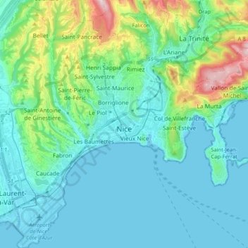 Topografisk kort Nice, højde, terræn