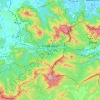 Topografisk kort Vườn quốc gia Bạch Mã, højde, terræn