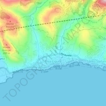 Topografisk kort Riva Ligure, højde, terræn