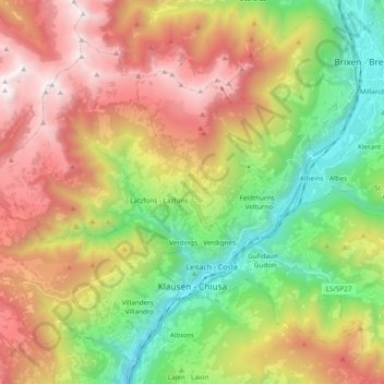 Topografisk kort Chiusa, højde, terræn