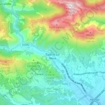 Topografisk kort Cisano sul Neva, højde, terræn