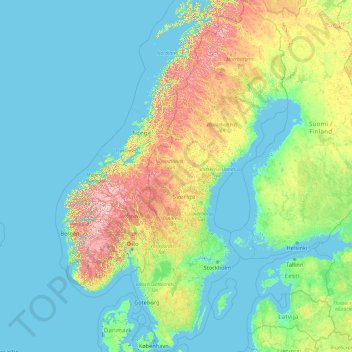 Topografisk kort Sverige, højde, relief