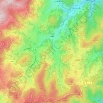 Topografisk kort Orbey, højde, terræn