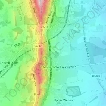 Topografisk kort Malvern Wells, højde, terræn