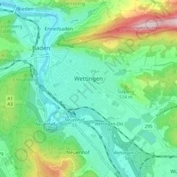 Topografisk kort Wettingen, højde, terræn