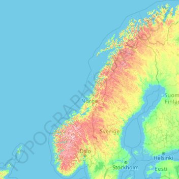 Topografisk kort Norvège, højde, terræn