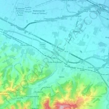 Topografisk kort Zola Predosa, højde, terræn