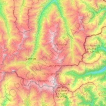 Topografisk kort Monte Rosa Massif, højde, terræn