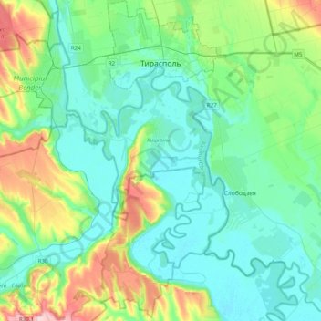 Topografisk kort Советул орэшенеск Тираспол / Тираспольский городской совет / Тираспольська міська рада, højde, terræn