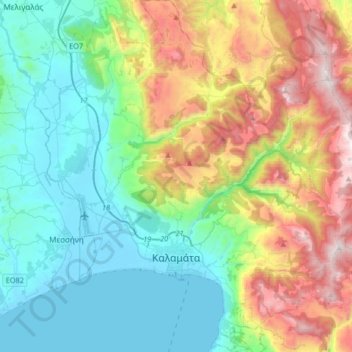 Topografisk kort Gemeinde Kalamata, højde, terræn