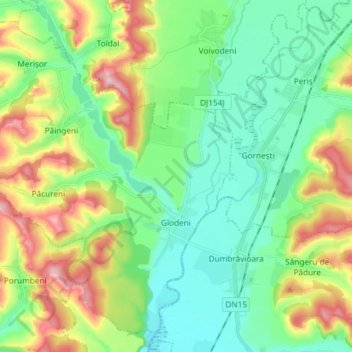 Topografisk kort Glodeni, højde, terræn