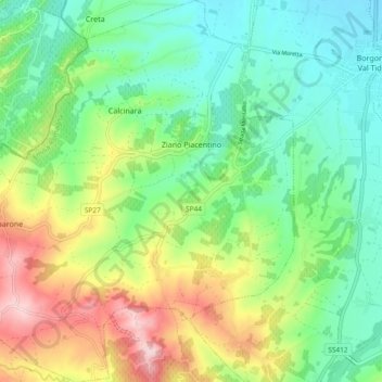 Topografisk kort Ziano Piacentino, højde, terræn