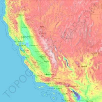 Topografisk kort Californien, højde, terræn