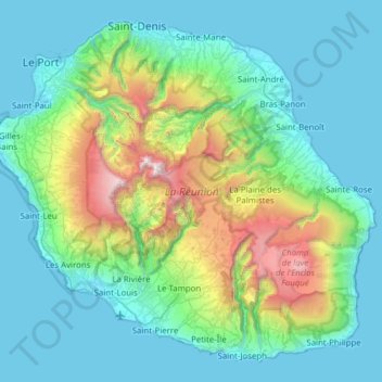 Topografisk kort La Réunion, højde, terræn