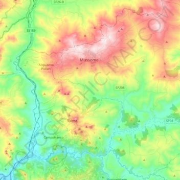 Topografisk kort Mussomeli, højde, terræn