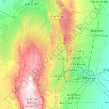 Topografisk kort Departamento Punilla, højde, terræn