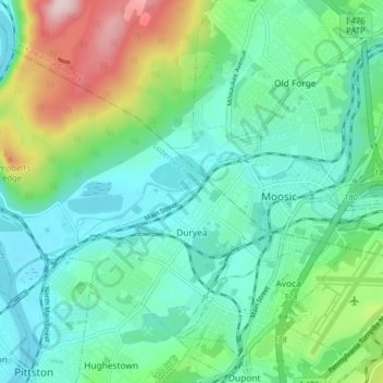 Topografisk kort Duryea, højde, terræn