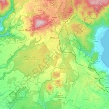 Topografisk kort Manziana, højde, terræn