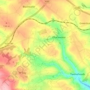 Topografisk kort Chacewater, højde, terræn