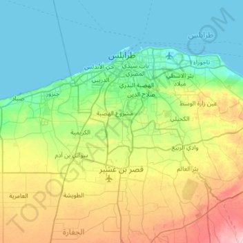 Topografisk kort Tripoli, højde, terræn