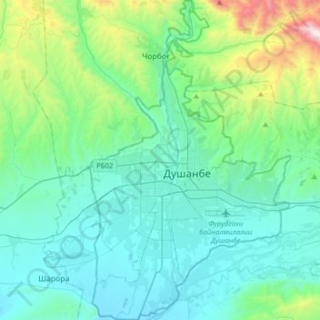 Topografisk kort Dusjanbe, højde, terræn