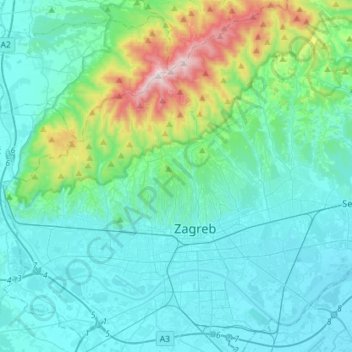Topografisk kort Zagreb, højde, terræn