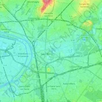 Topografisk kort Saint-Denis, højde, terræn