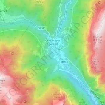 Topografisk kort Cencenighe Agordino, højde, terræn