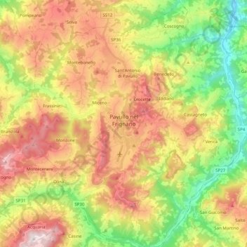 Topografisk kort Pavullo nel Frignano, højde, terræn