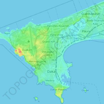Topografisk kort Dakar, højde, terræn