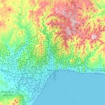 Topografisk kort Málaga, højde, terræn