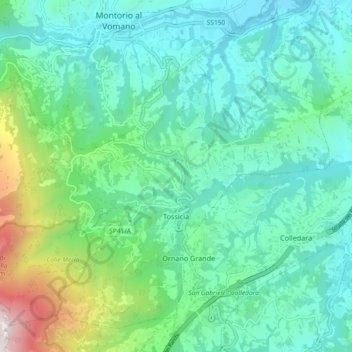 Topografisk kort Tossicia, højde, terræn