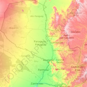 Topografisk kort Paraguay, højde, terræn