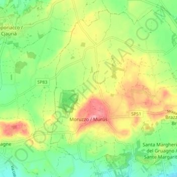 Topografisk kort Moruzzo / Murùs, højde, terræn