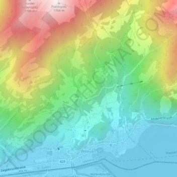 Topografisk kort Weesen, højde, terræn