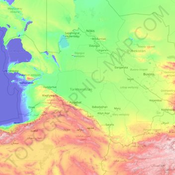 Topografisk kort Turkmenistan, højde, terræn