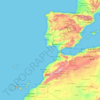 Topografisk kort Portugal, højde, terræn