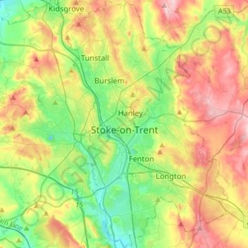 Topografisk kort Stoke-on-Trent, højde, terræn
