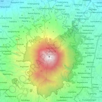 Topografisk kort Taman Nasional Gunung Ciremai, højde, terræn
